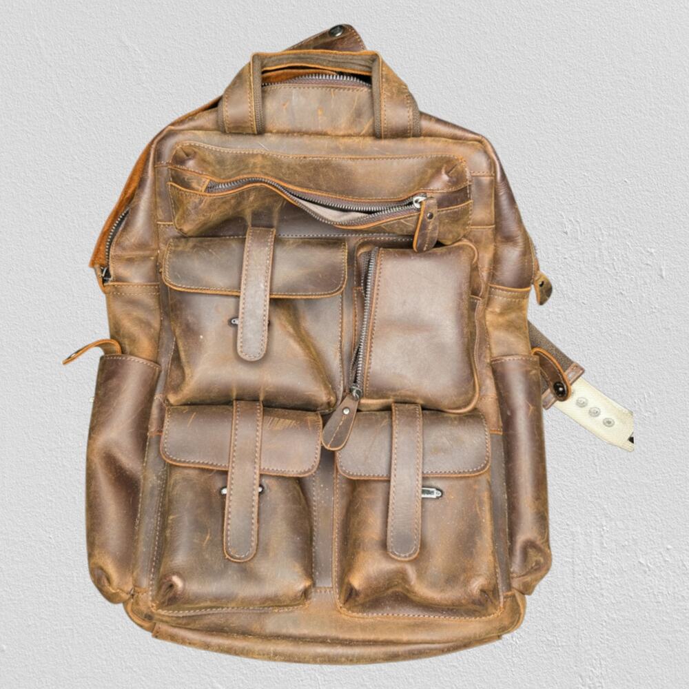 Vintage Style Brown Leather Utility Backpack Multi Pocket